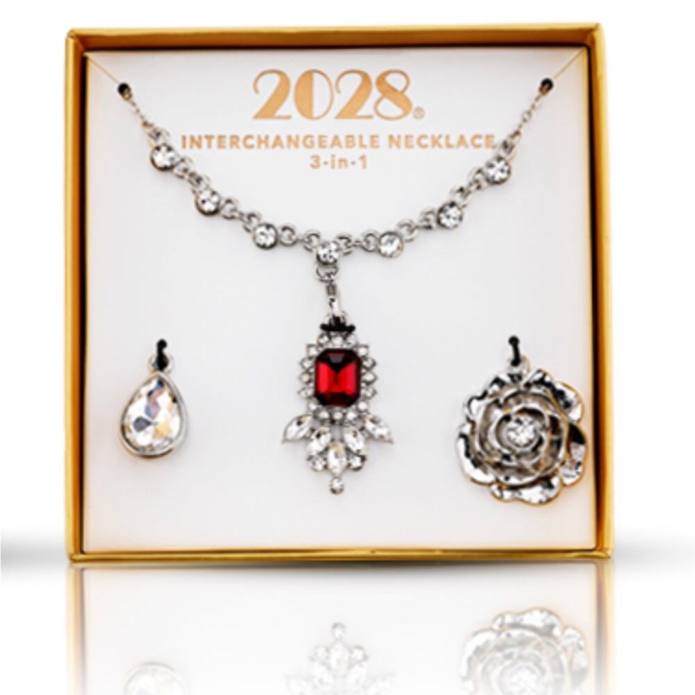 NEW 2028 Interchangeable NECKLACE SET 16" Red & Crystal Teardrop Pendants Boxed